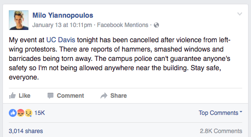 Milo deleted fb post january 13 2017