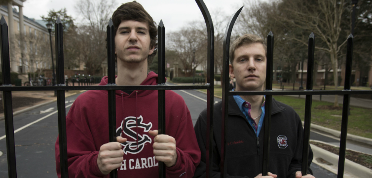Students Michael Kriete and Ross Abbott were questioned by USC administrators from the equal opportunity office over their display on campus censorship that some students found "triggering."