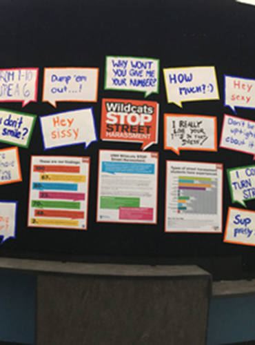 Administrators took down a student’s anti-street harassment display, citing a policy prohibiting “hate speech” and “profane/vulgar language.”