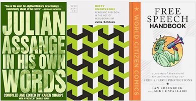 "In His Own Worlds," "Dirty Knowledge, and "Free Speech Handbook" covers